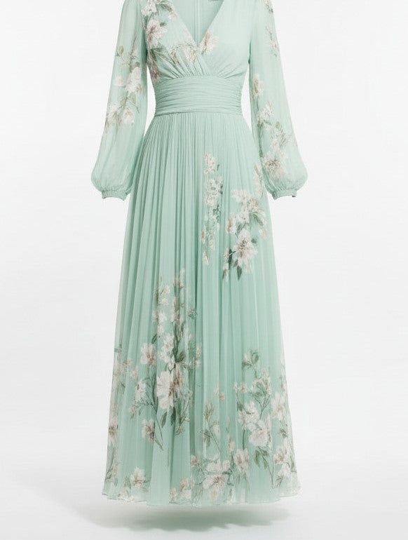 Light Green Pleated Chiffon Maxi Dress