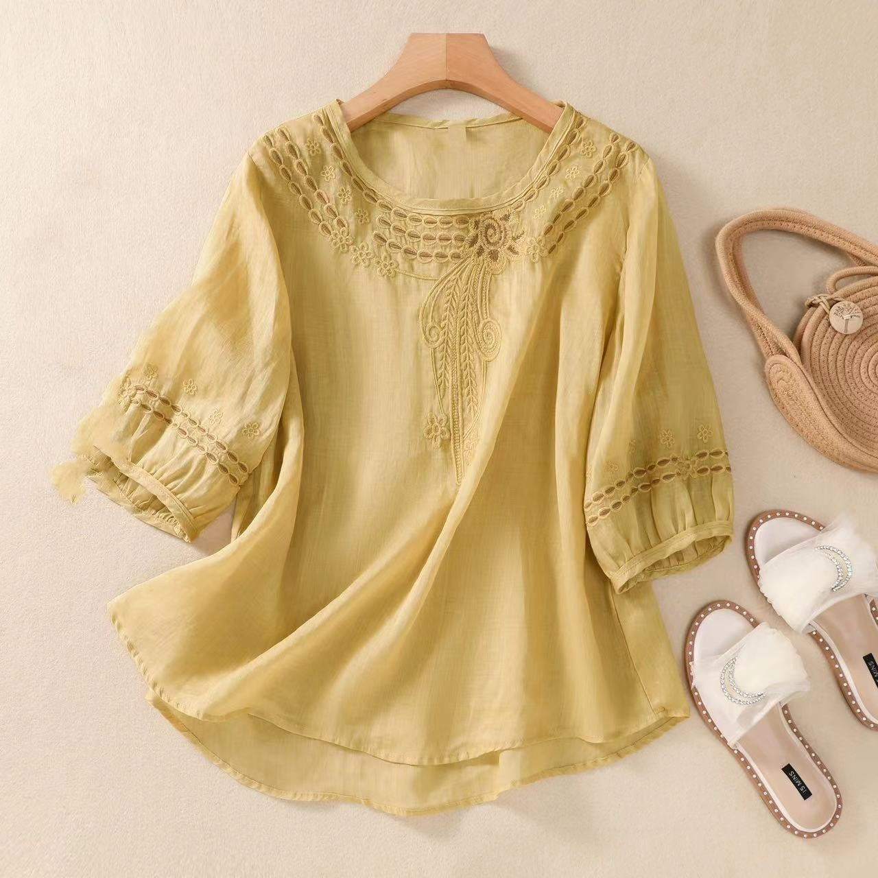 Cotton and Linen Embroidered Shirt - 3/4 Sleeve Summer Casual Top for Women
