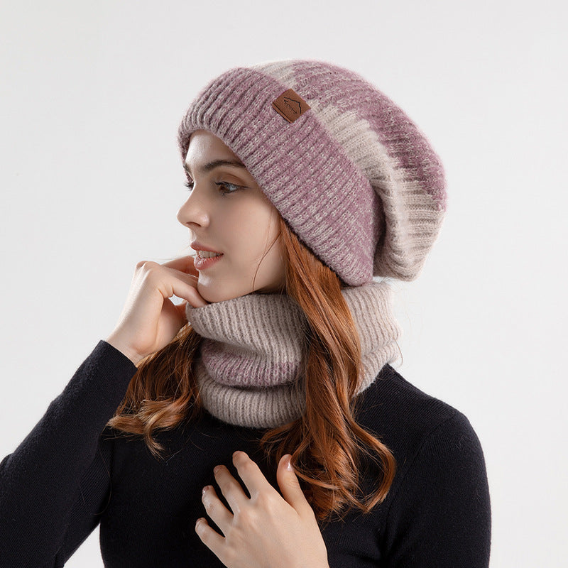2PCS Knitted Winter Hat and Scarf Set – Two-Tone Warm Beanie with Earflaps & Thick Wool Scarf