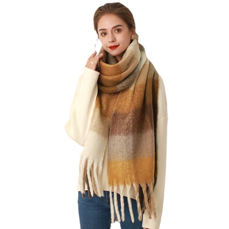 Thickened Mohair-Style Cashmere Scarf for Women – Warm Twill Weave with Tassels, 38x240cm