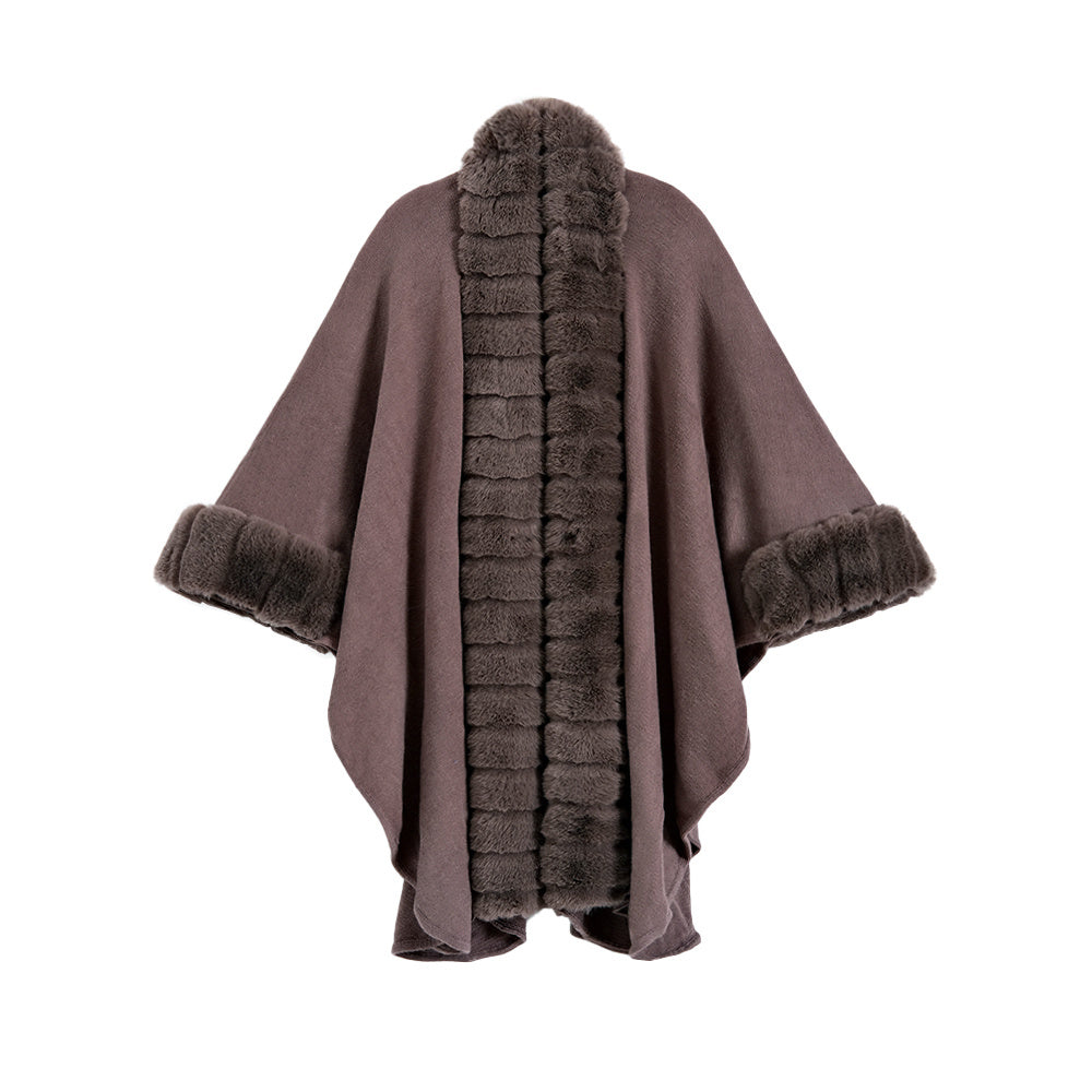 Classic Oversized Knit Coat with Artificial Rabbit Fur Collar – Elegant Pullover Cloak for Winter Warmth