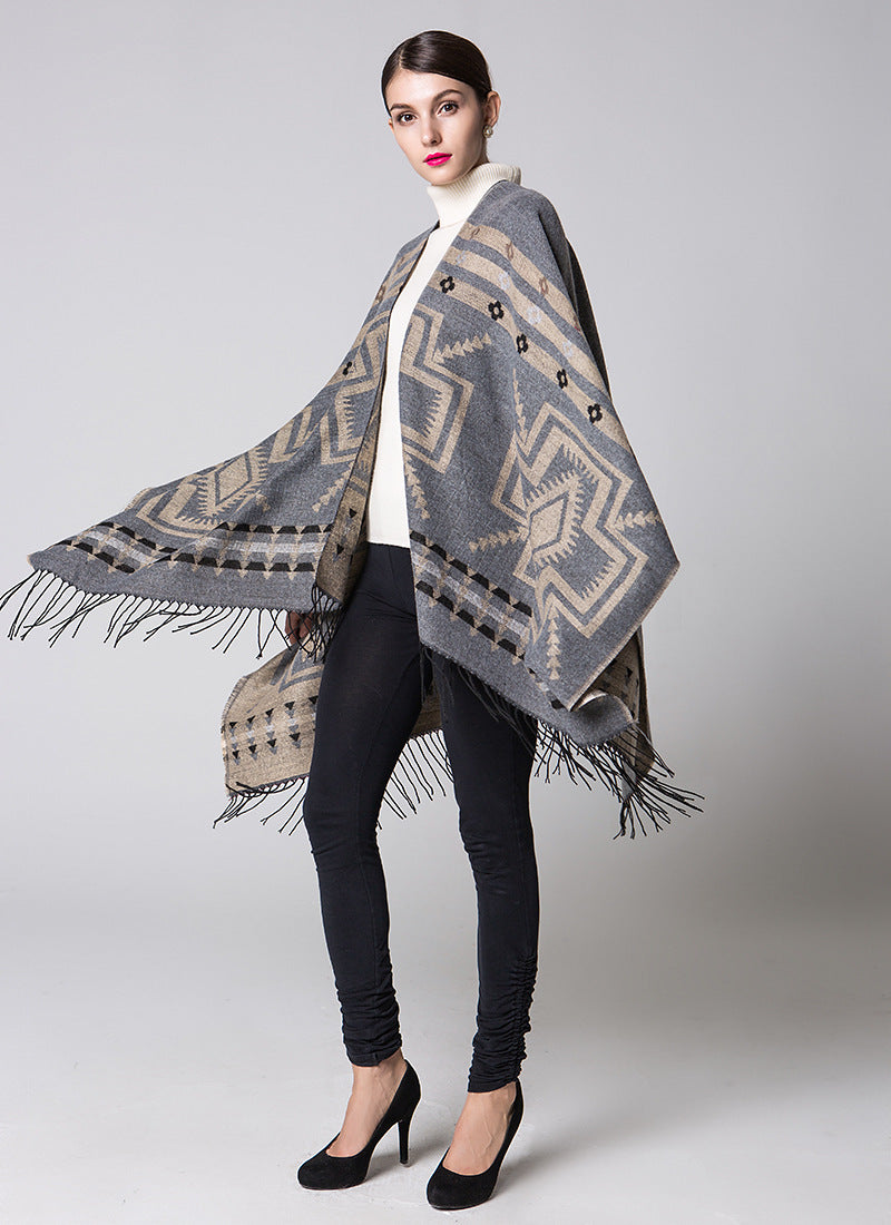 Ethnic Style Cashmere-Like Triangle Shawl – Thick, Warm Scarf with Tassels