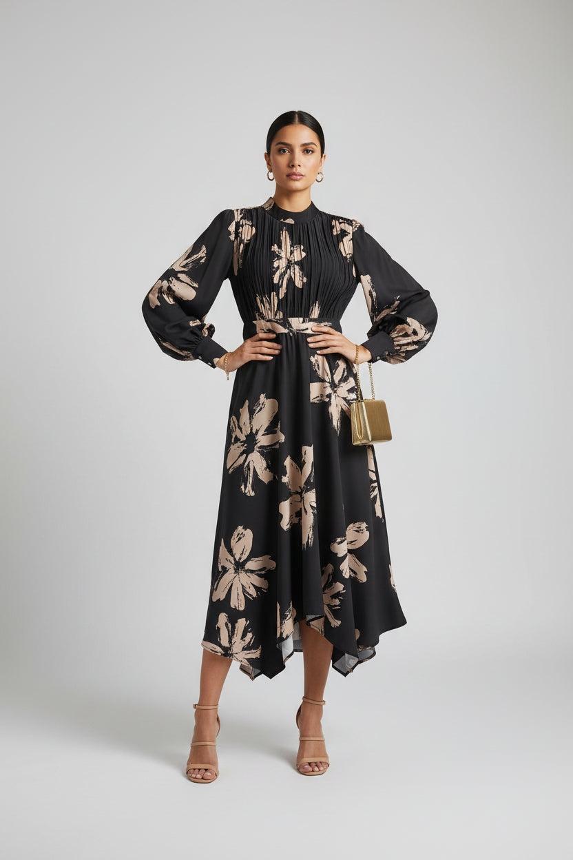 Midnight Bloom Silk-Feel Dress with Sculpted Stand Collar