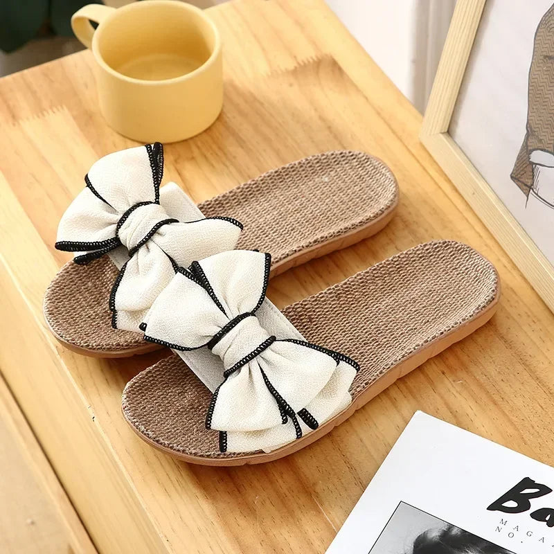 Casual Slides with Striped Bow Design – Linen Flip Flops