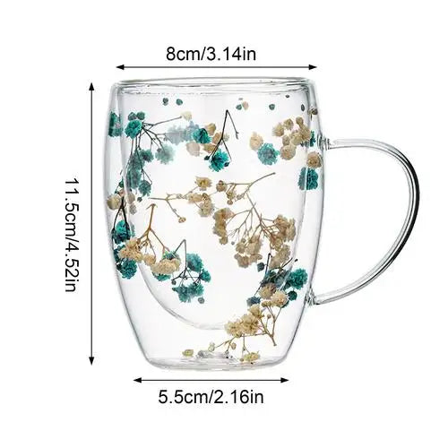 Fillings Dry Flowers Double Wall Glass Cup With Handle Heat Resistant Tea Coffee Cups Espresso Milk Mug Creative Gift 350ml