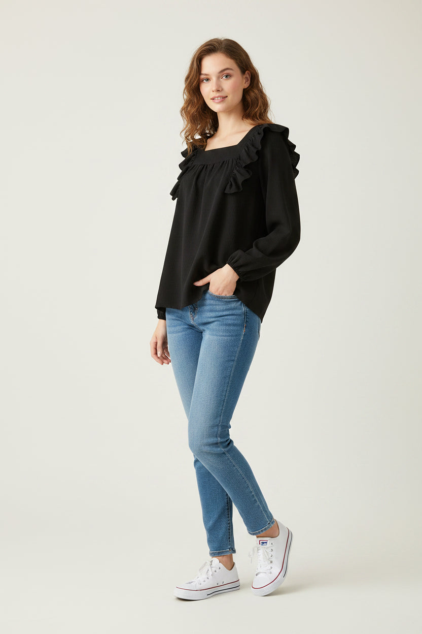 Élégance Ruffled Square Collar Plus Size Top | Korean-Inspired Long Sleeve