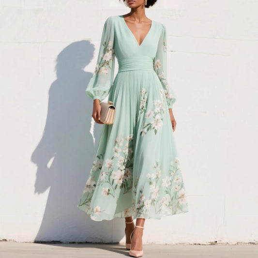 Light Green Pleated Chiffon Maxi Dress