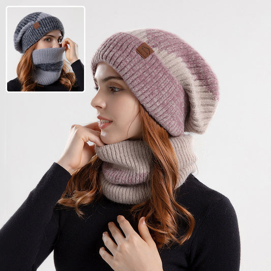 2PCS Knitted Winter Hat and Scarf Set – Two-Tone Warm Beanie with Earflaps & Thick Wool Scarf