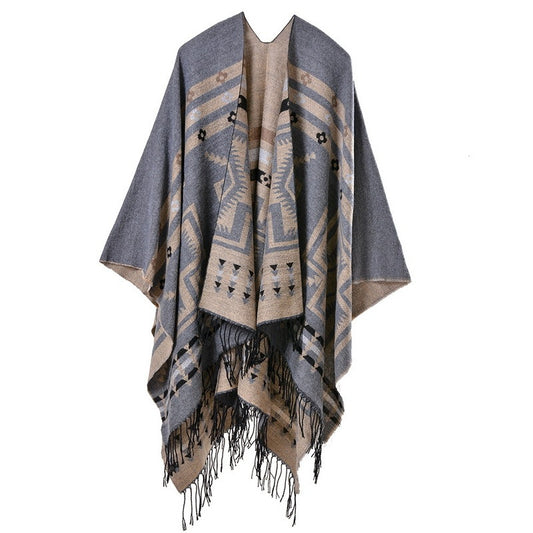 Ethnic Style Cashmere-Like Triangle Shawl – Thick, Warm Scarf with Tassels