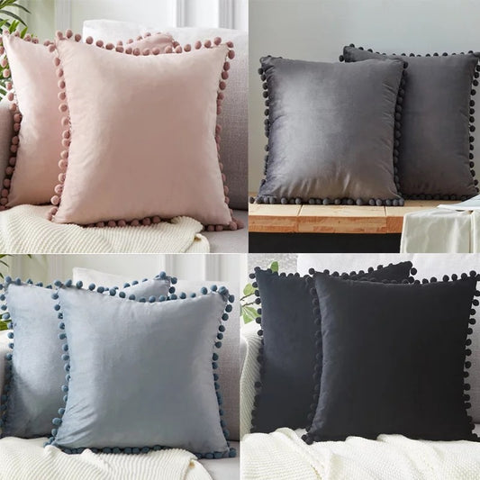 Ball Lace Velvet Cushion Cover | Modern Solid Color Pillow Cover | Plush Short Plush Ball Design