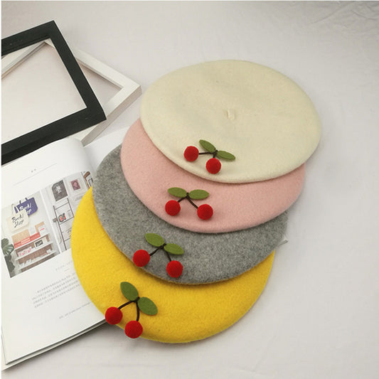 Handmade Cherry Woolen Beret Painter Hat – Stylish Dome Design for Adults and Kids – Warm, Windproof, & Available in Multiple Colors