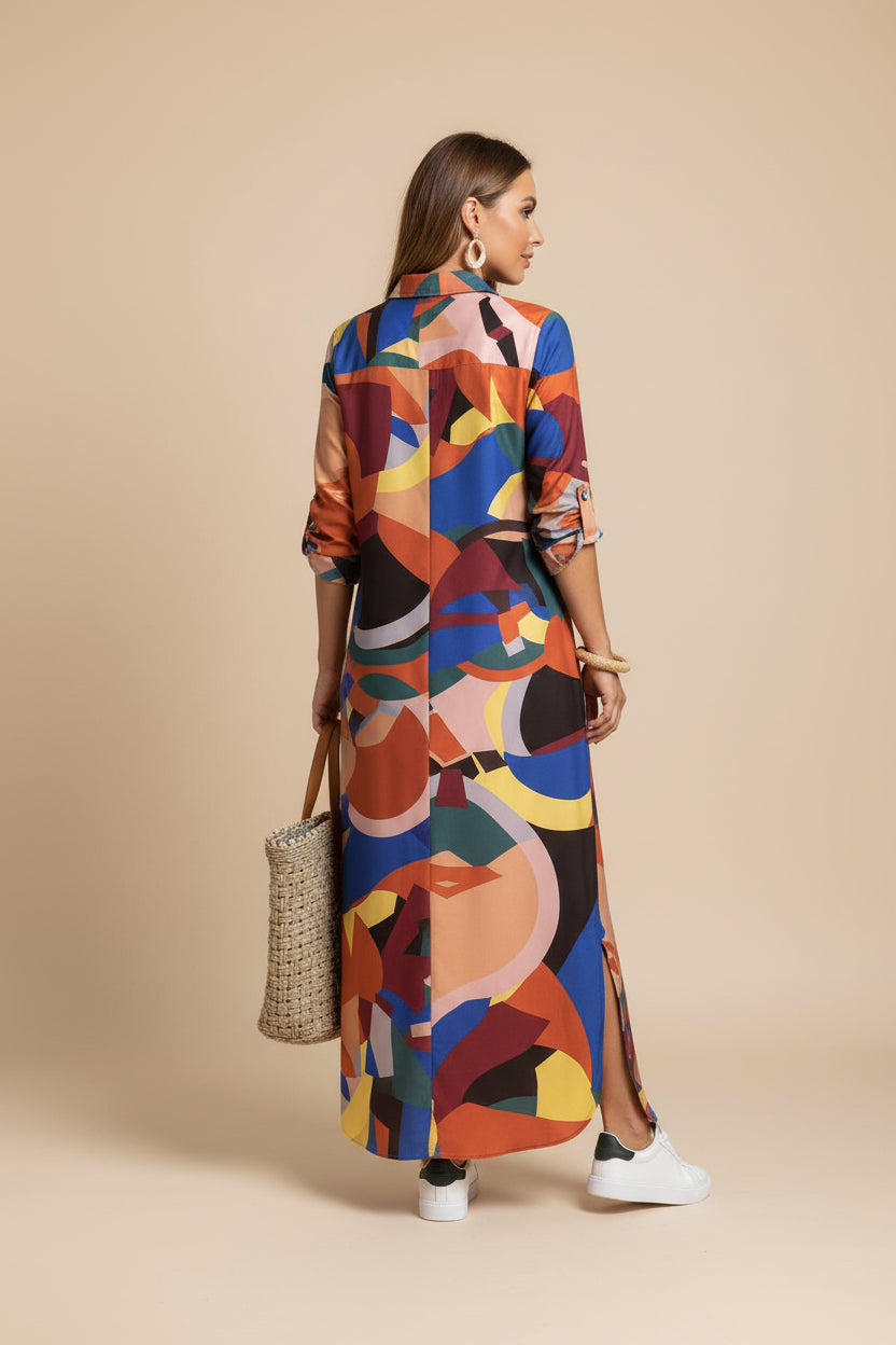 Stand Collar Long Shirt Dress – Solid & Printed Design