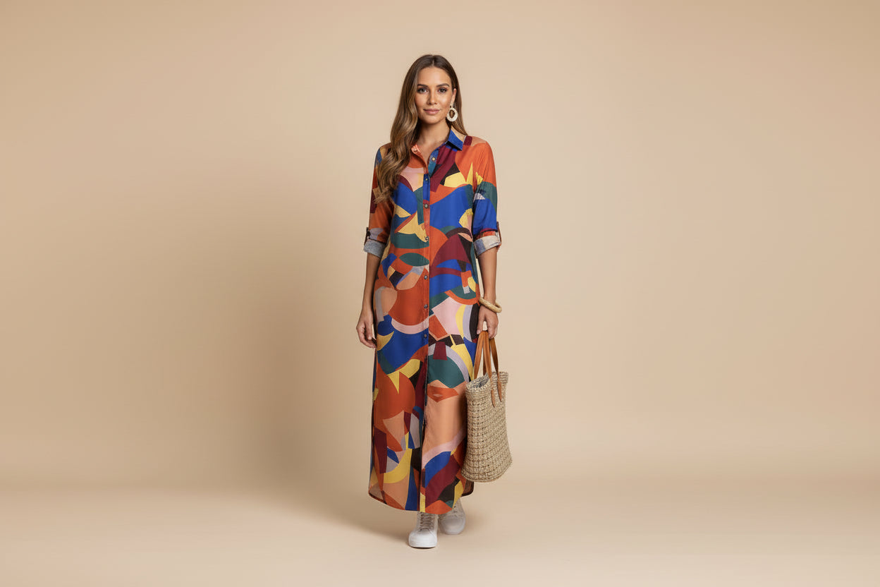 Stand Collar Long Shirt Dress – Solid & Printed Design