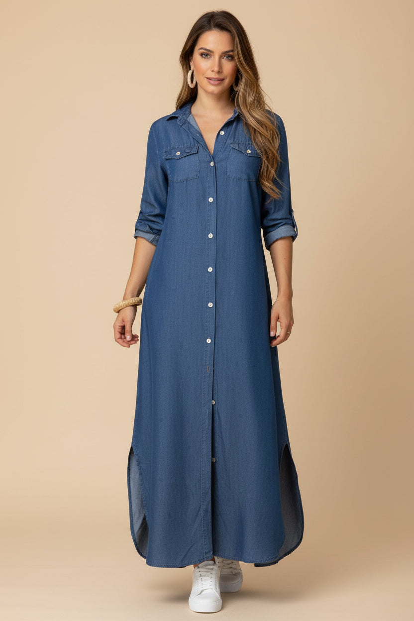 Stand Collar Long Shirt Dress – Solid & Printed Design