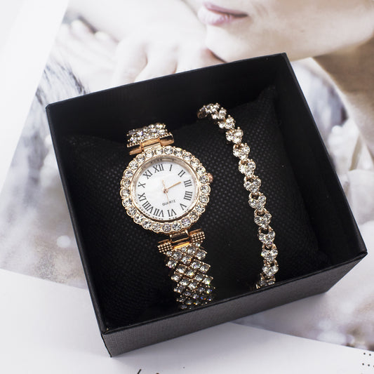 Ladies Fashion Quartz Wristwatch Bracelet Set – Diamond Accent, Round Dial, Casual Style