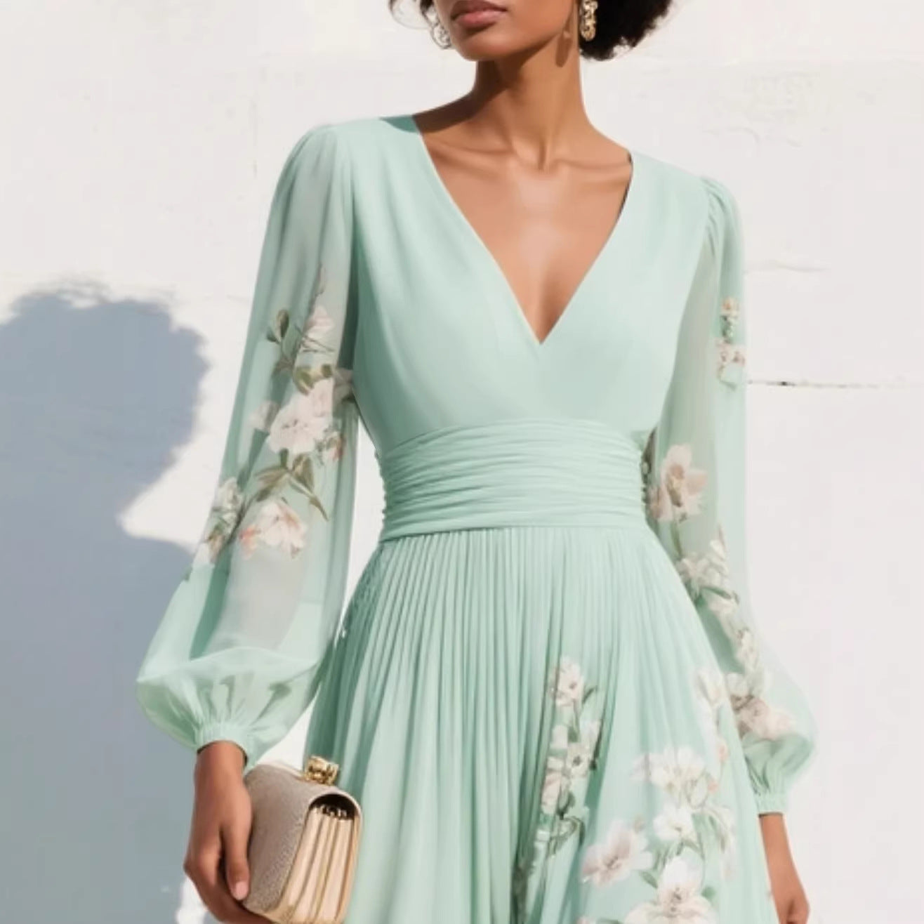 Light Green Pleated Chiffon Maxi Dress