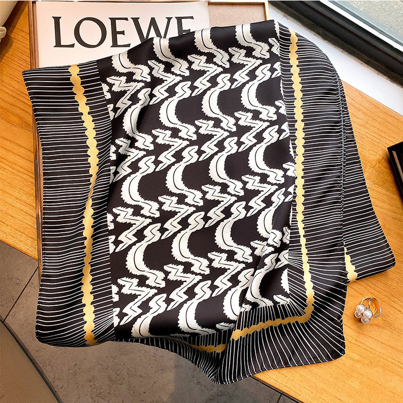 Decorative Floral Imitation Silk Scarf for Women – Geometric Tie-Dye Design, Mid-Length, Curling Edge