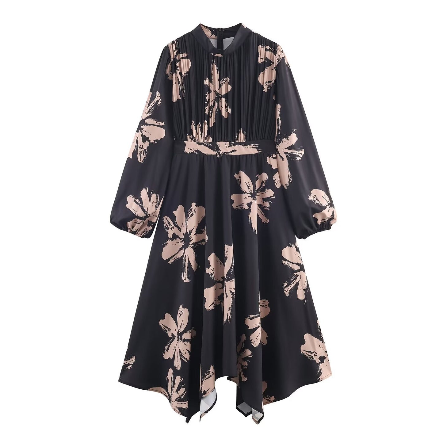 Midnight Bloom Silk-Feel Dress with Sculpted Stand Collar