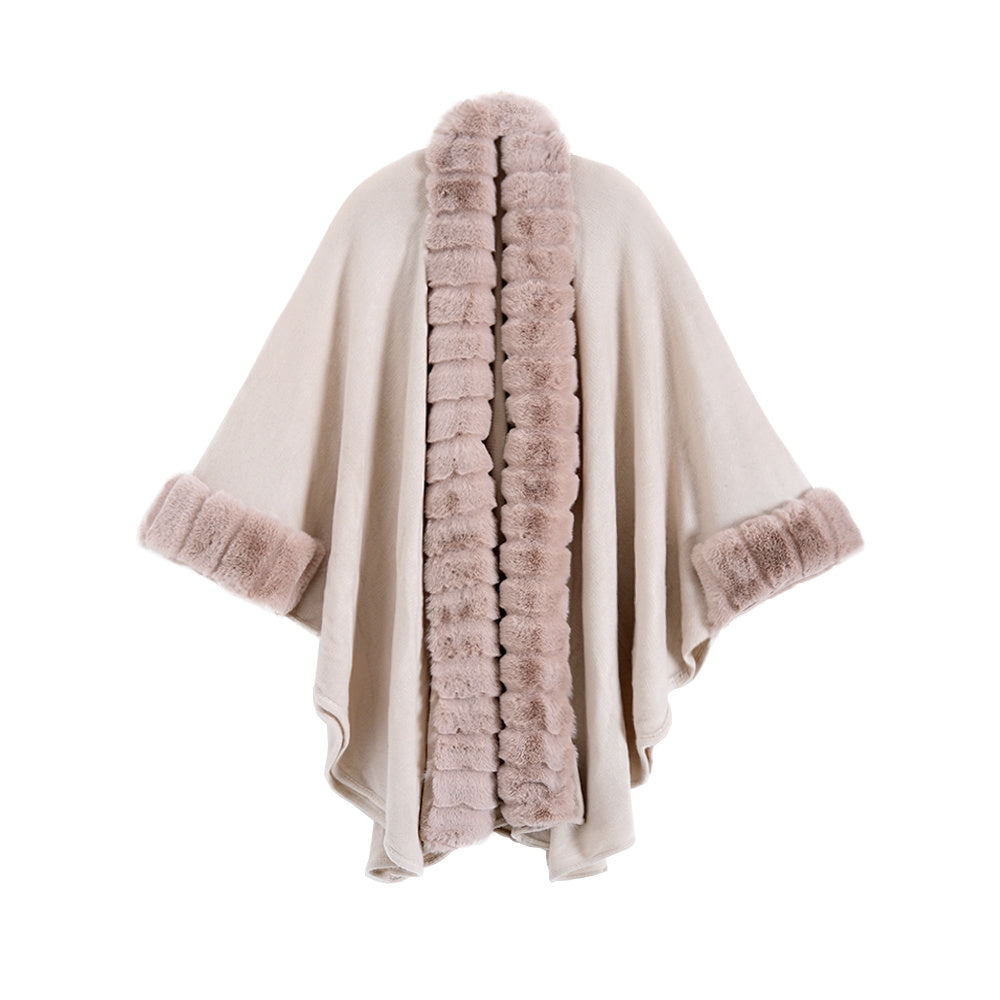 Classic Oversized Knit Coat with Artificial Rabbit Fur Collar – Elegant Pullover Cloak for Winter Warmth