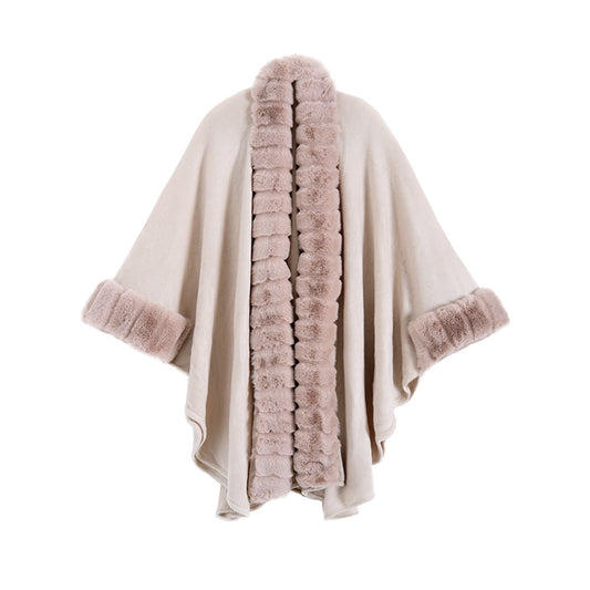 Classic Oversized Knit Coat with Artificial Rabbit Fur Collar – Elegant Pullover Cloak for Winter Warmth