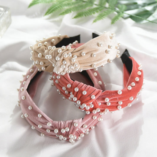 Nail Pearl Velvet Knot Hair Hoop Headband – Elegant Cloth Headband with Pearl Details – Multiple Colors