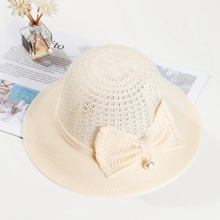 Elegant Pearl Bow Sun Protection Hat for Women – Breathable, Foldable & Machine Embroidered