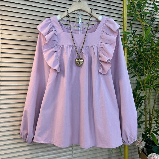 Plus Size Ruffled Square Collar Pullover Shirt for Women – Korean Style Long Sleeve Top (XL-6XL)