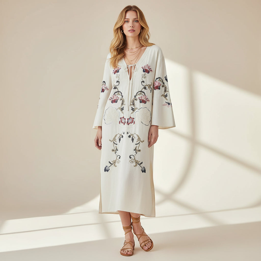 Floral Embroidery Maxi Dress in Ivory