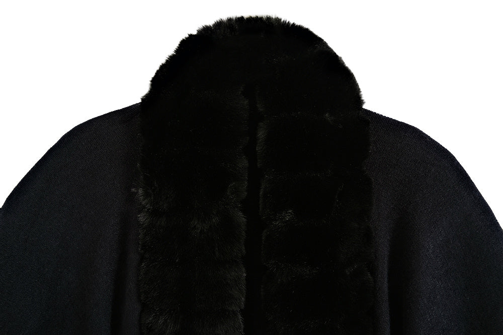 Classic Oversized Knit Coat with Artificial Rabbit Fur Collar – Elegant Pullover Cloak for Winter Warmth