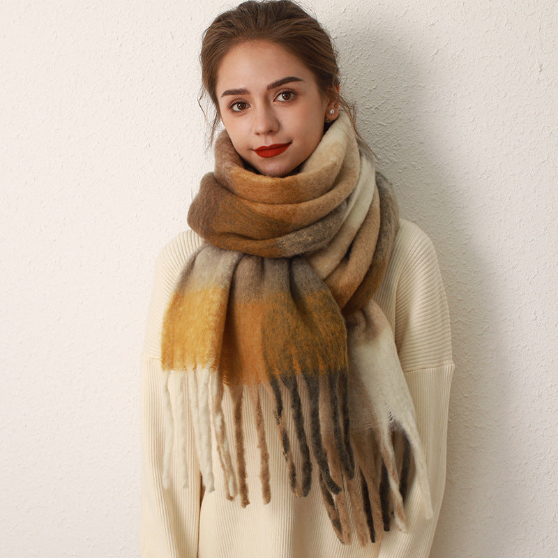 Thickened Mohair-Style Cashmere Scarf for Women – Warm Twill Weave with Tassels, 38x240cm