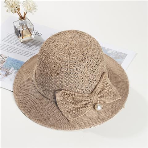 Elegant Pearl Bow Sun Protection Hat for Women – Breathable, Foldable & Machine Embroidered