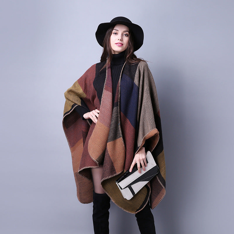Women's Winter Plaid Scarf – Oversized Imitation Cashmere Shawl Cloak, Multi-Style Wrap