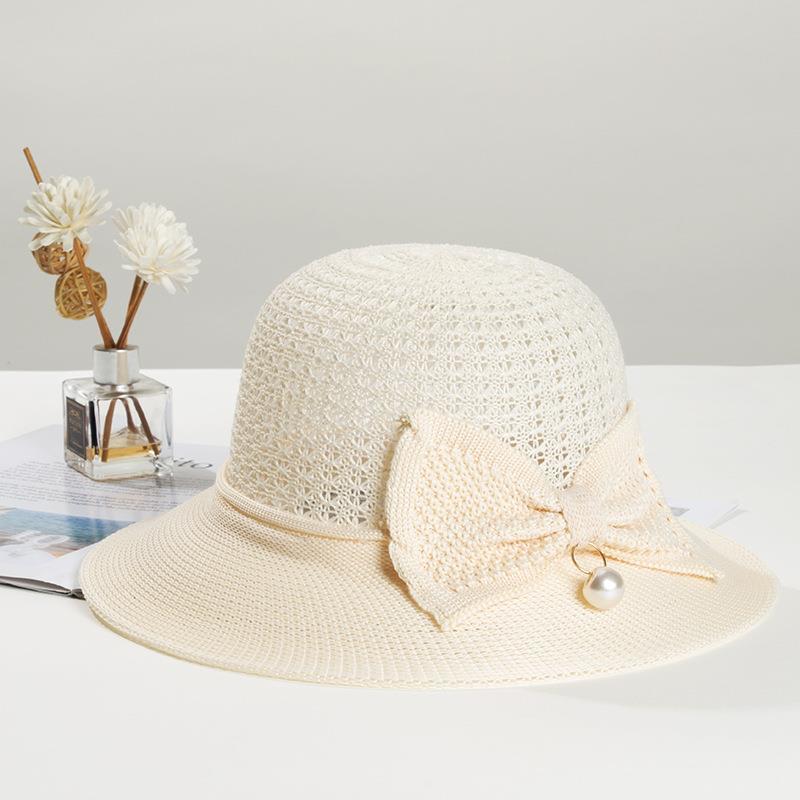 Elegant Pearl Bow Sun Protection Hat for Women – Breathable, Foldable & Machine Embroidered