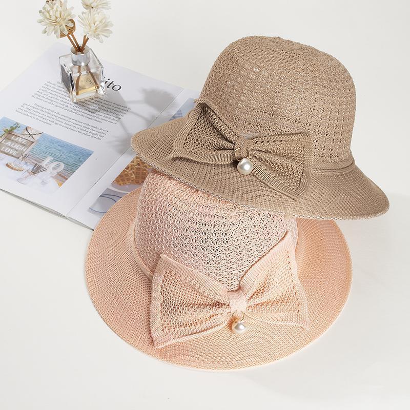 Elegant Pearl Bow Sun Protection Hat for Women – Breathable, Foldable & Machine Embroidered