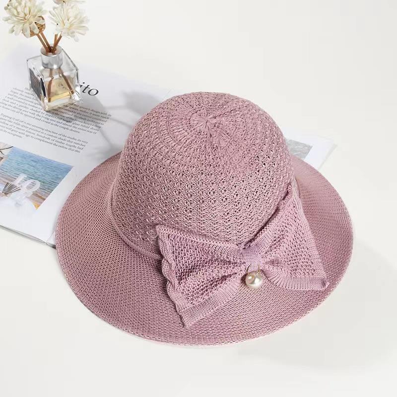 Elegant Pearl Bow Sun Protection Hat for Women – Breathable, Foldable & Machine Embroidered