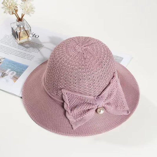 Elegant Pearl Bow Sun Protection Hat for Women – Breathable, Foldable & Machine Embroidered