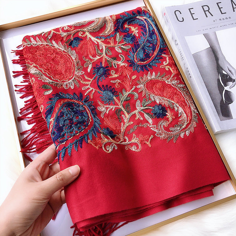 Retro Ethnic Cashmere Cotton Embroidery Scarf – Floral Oil Painting Design, 200x70cm