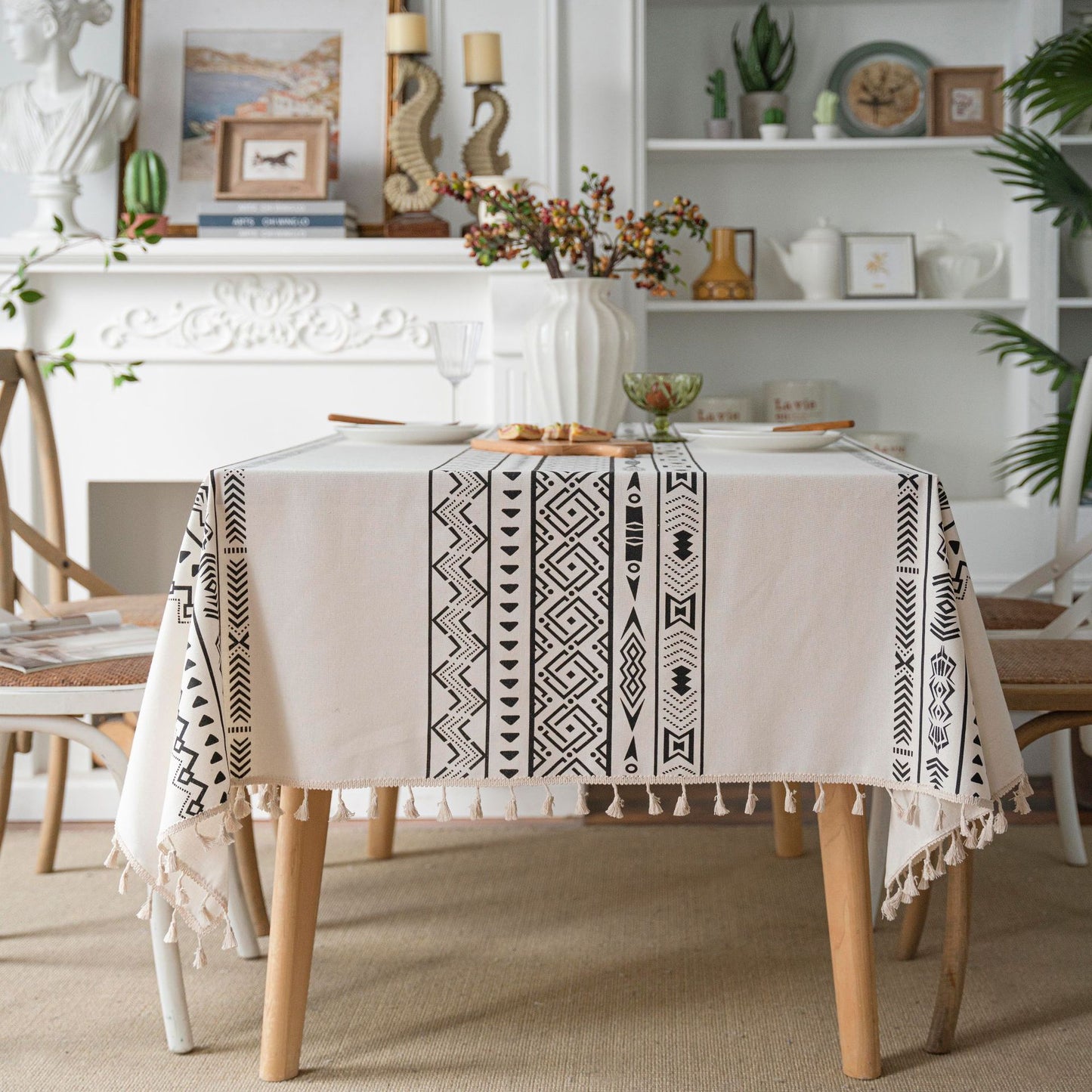 Geometric Black Tassel Waterproof Tablecloth – Rectangular & Round