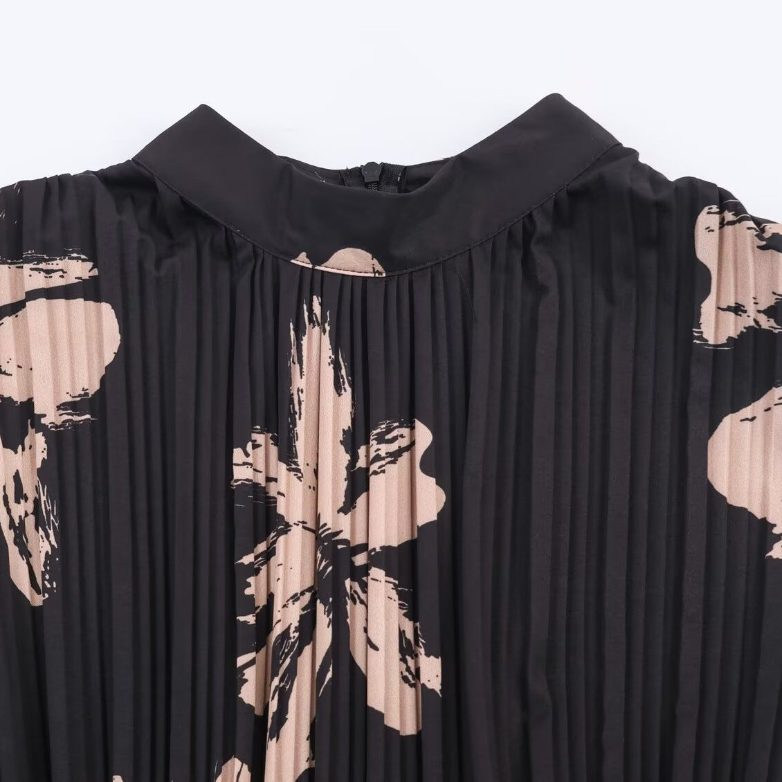 Midnight Bloom Silk-Feel Dress with Sculpted Stand Collar