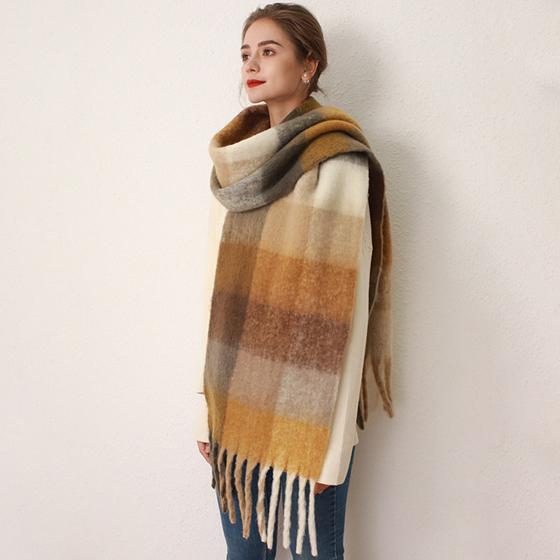 Thickened Mohair-Style Cashmere Scarf for Women – Warm Twill Weave with Tassels, 38x240cm