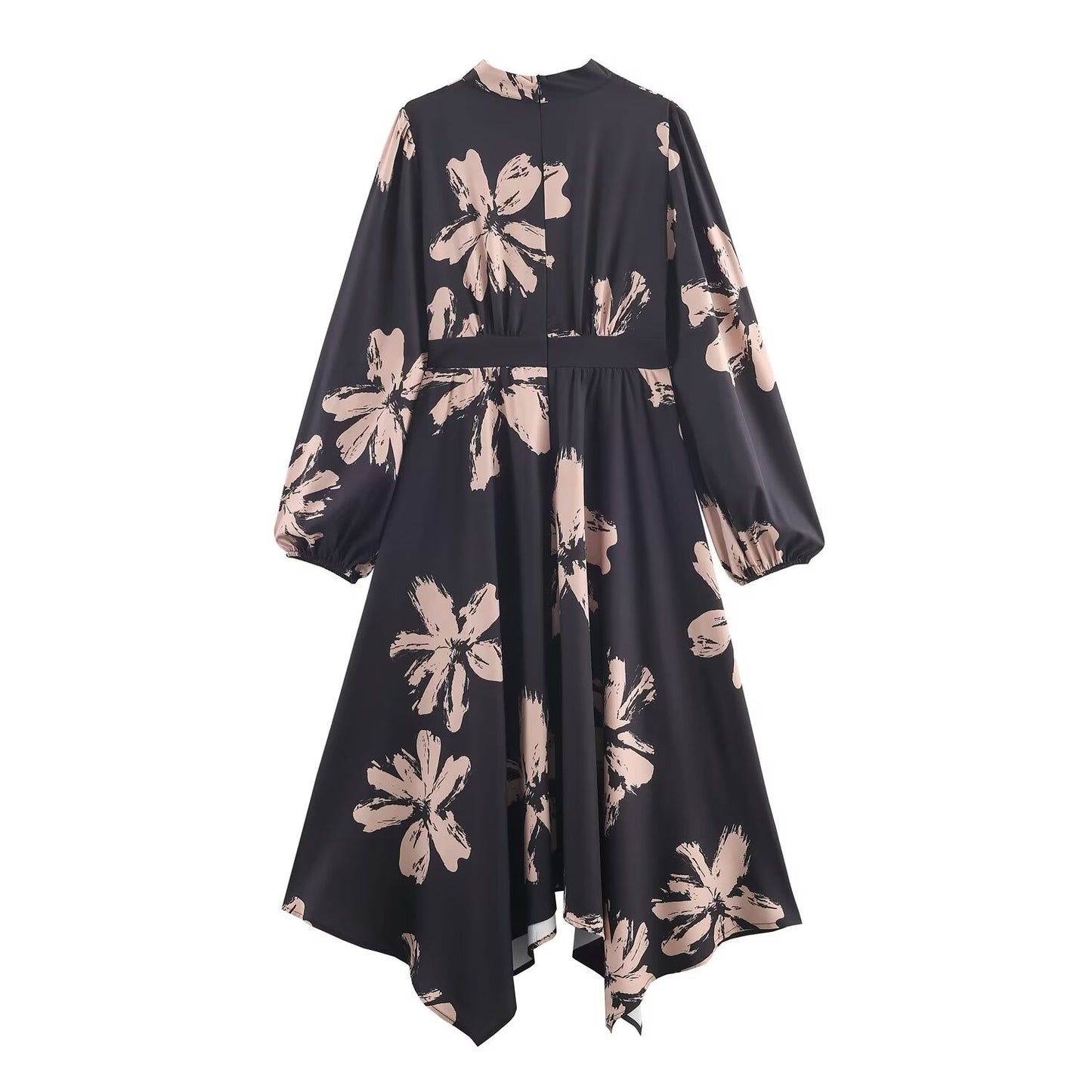 Midnight Bloom Silk-Feel Dress with Sculpted Stand Collar