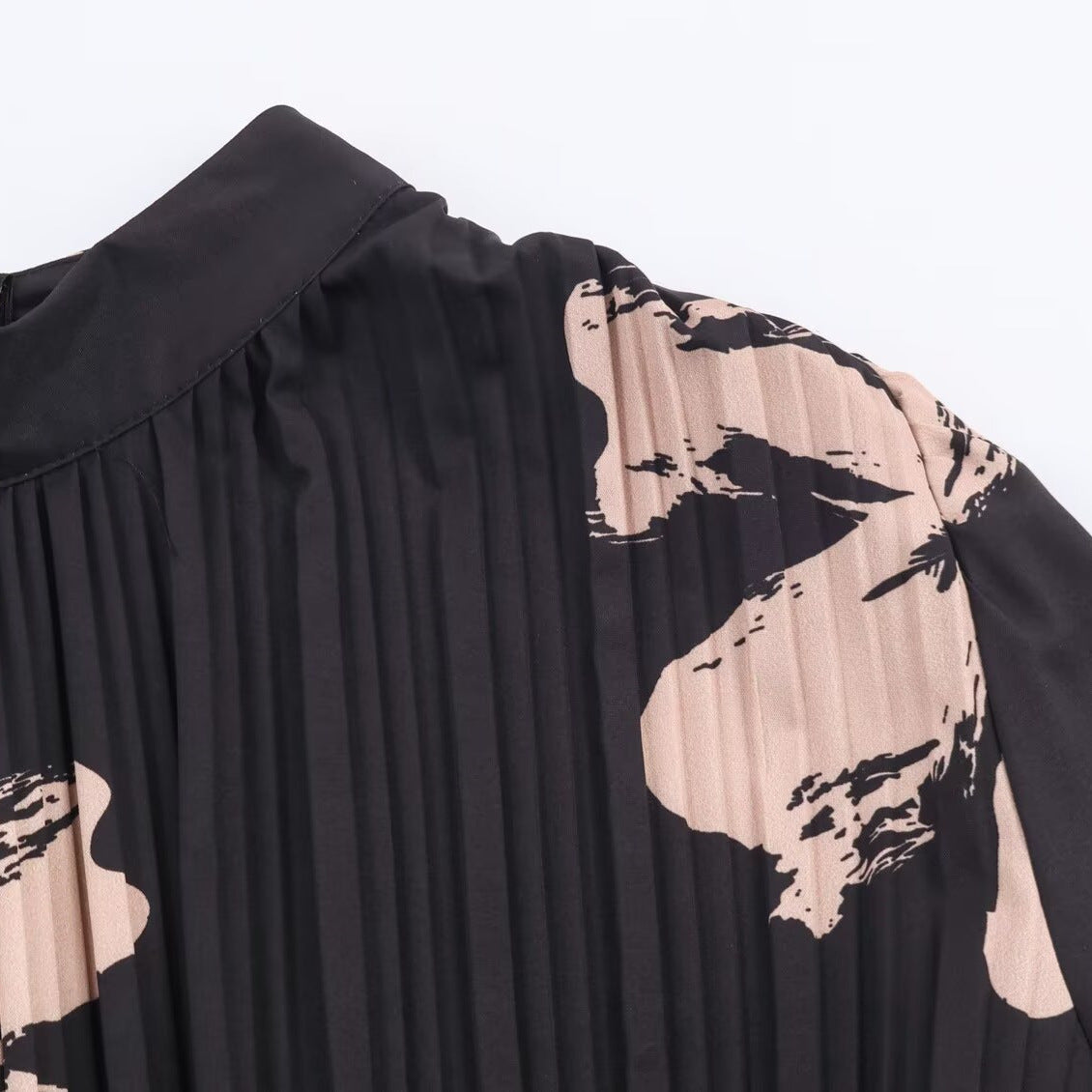 Midnight Bloom Silk-Feel Dress with Sculpted Stand Collar