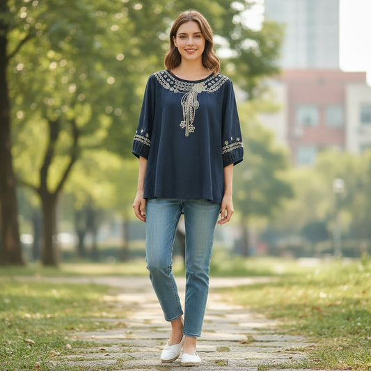 Cotton and Linen Embroidered Shirt - 3/4 Sleeve Summer Casual Top for Women