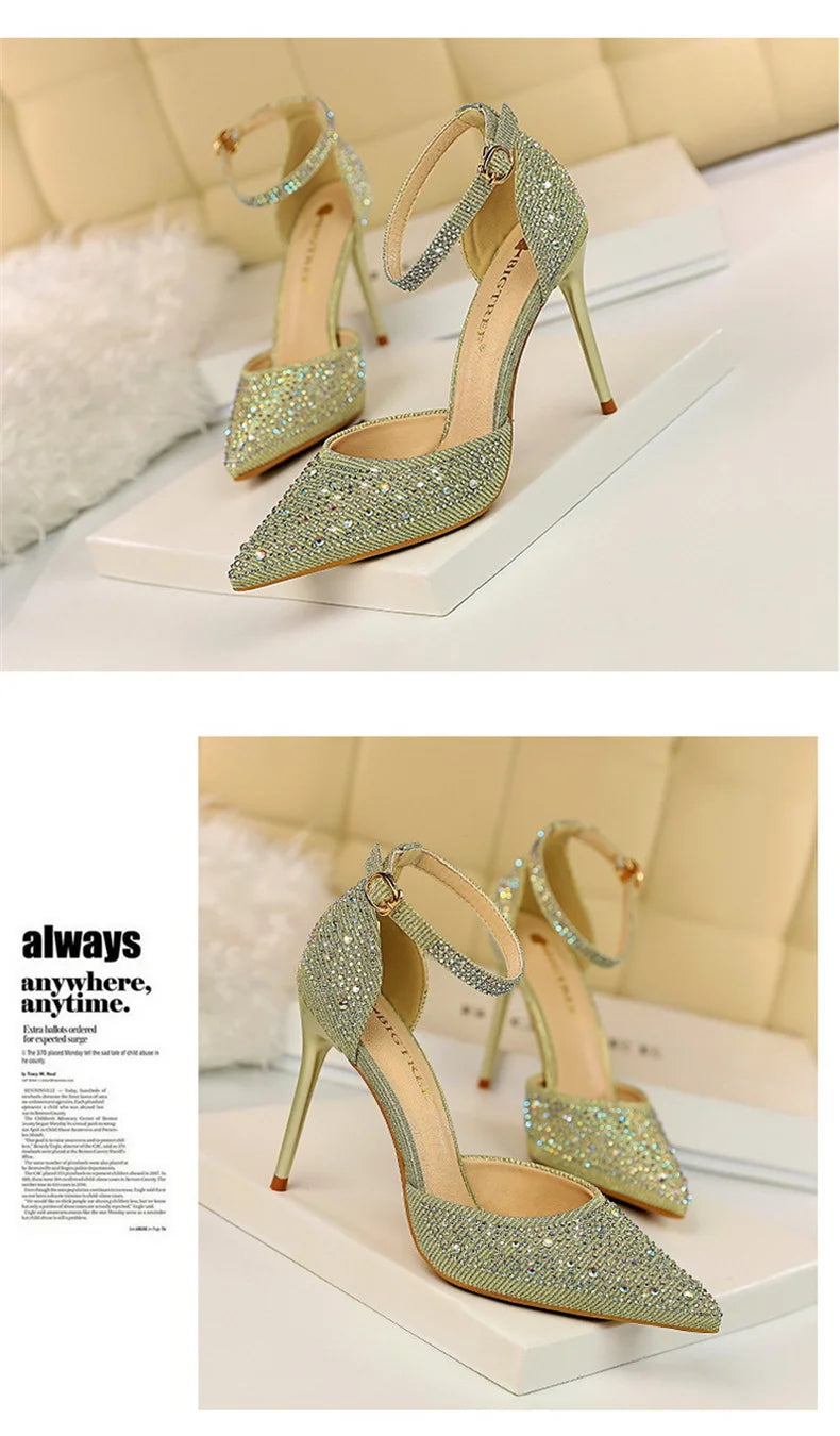 Shiny Rhinestone High Heel Pumps for Women - Stiletto Sandals with Buckle Strap, Pointed Toe Wedding & Party Shoes