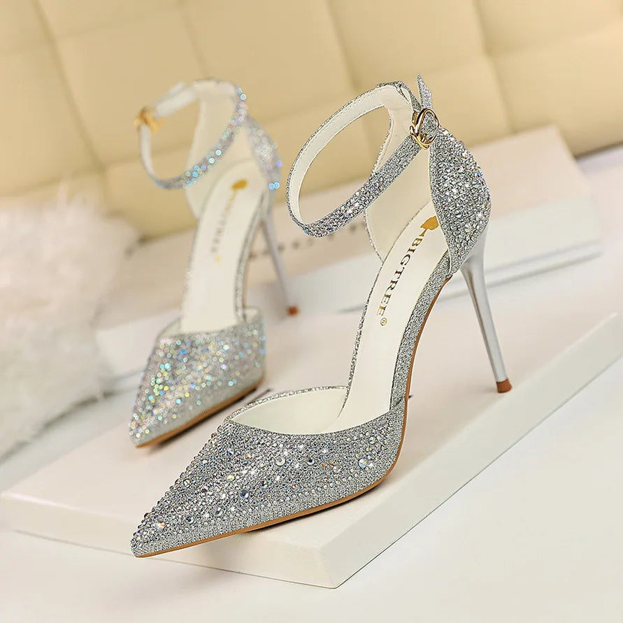 Shiny Rhinestone High Heel Pumps for Women - Stiletto Sandals with Buckle Strap, Pointed Toe Wedding & Party Shoes