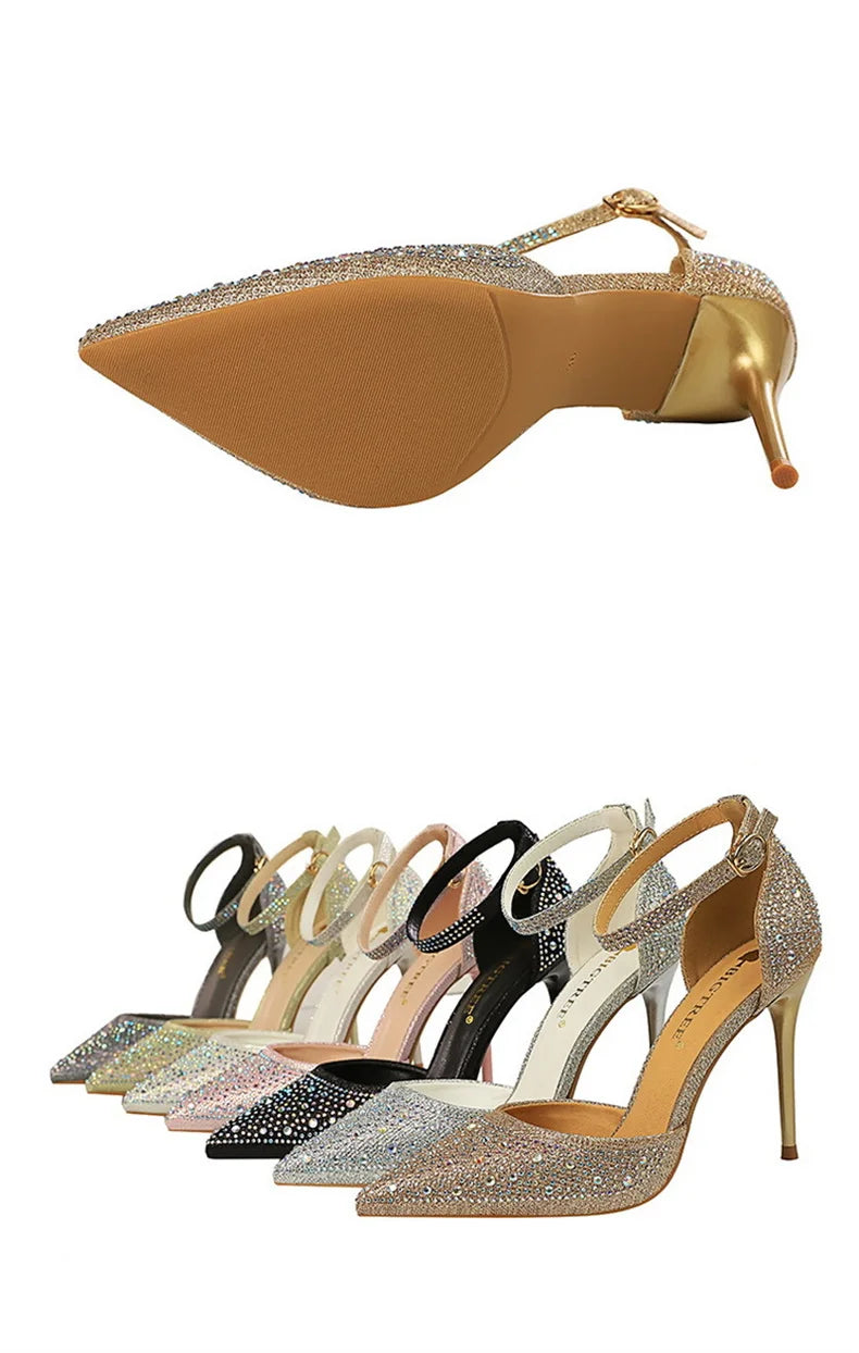 Shiny Rhinestone High Heel Pumps for Women - Stiletto Sandals with Buckle Strap, Pointed Toe Wedding & Party Shoes