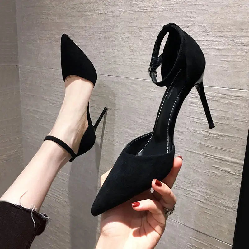 Elegant Pointed Toe Black Heels for Women with thin ankle strap