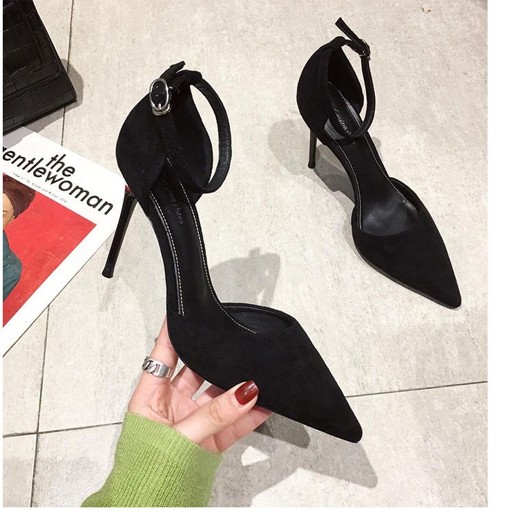 Elegant Pointed Toe Black Heels for Women with thin ankle strap