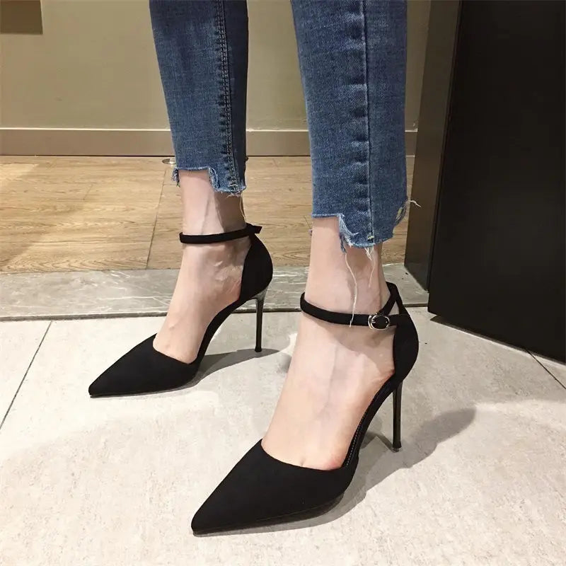 Elegant Pointed Toe Black Heels for Women with thin ankle strap