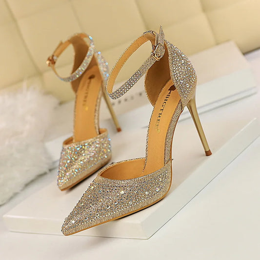 Shiny Rhinestone High Heel Pumps for Women - Stiletto Sandals with Buckle Strap, Pointed Toe Wedding & Party Shoes
